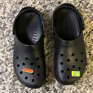 Awesome Black Crocs with two charms, Lit & Mood